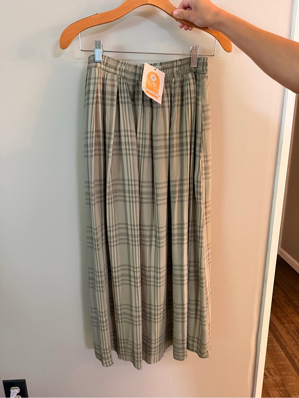 BE COOL Plaid Maxi Skirt in Sage and Gray